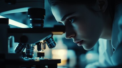 Focused woman Peering into Microscope in Lab Setting