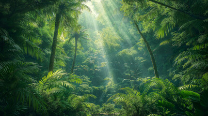 Dense tropical rainforest illuminated by sun rays filtering through the thick green canopy of palm trees.