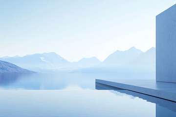 Abstract 3D rendering of minimalist style architectural space scene, mountain and lakeside building