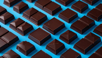 Assorted Dark Chocolate Pieces on Blue Background