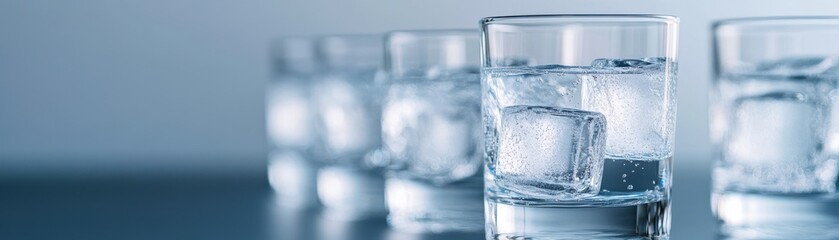 Clear glasses filled with ice cubes create a refreshing ambiance in a cool setting, perfect for summer gatherings or parties.