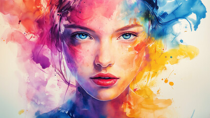 Abstract portrait of a woman with colorful splashes, watercolor fantasy art