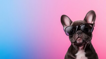 French Bulldog wearing sunglasses against a vibrant pink and blue background. Perfect for pet lovers and fashion enthusiasts.