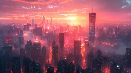 Fototapeta premium Radiant Cityscape: Glowing Skyscrapers in the Sunset Glow