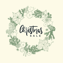 Merry Christmas square visual design. Modern Xmas design with typography, beautiful Christmas tree,  Christmas sweets. Trendy hand drawn illustration for season banner, poster, cover