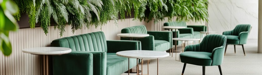 Modern lounge area featuring green furniture and lush plant decor, creating a serene and inviting atmosphere.