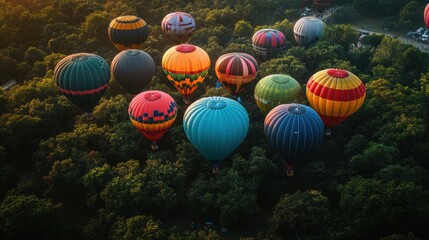 Fototapeta premium Vibrant Spectacle in the Skies: Aerial View of Colorful Hot Air Balloon Festival