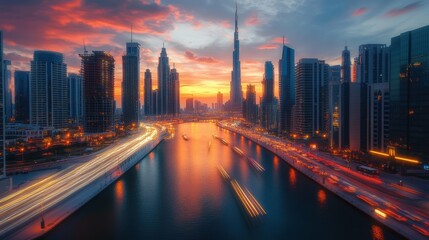 Fototapeta premium Glowing Sunset Cityscape with Skyscrapers Reflecting Golden Light on River - Urban Landscape with Busy Streets and Car Light Trails