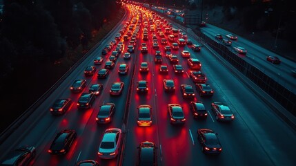Busy Nighttime Highway with Heavy Traffic
