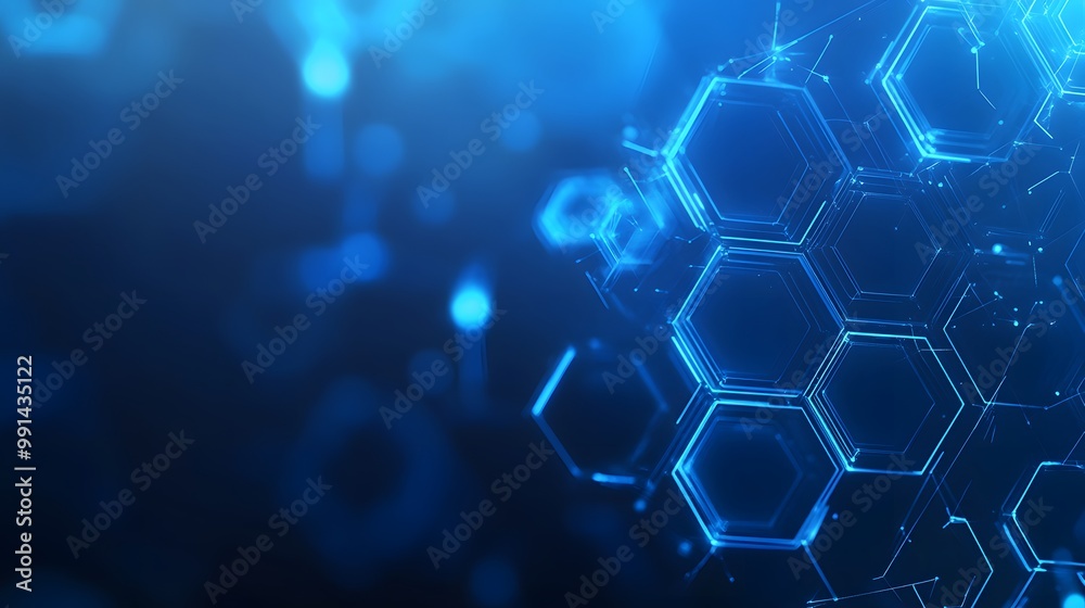 Poster abstract blue hexagon pattern with glowing lines and bokeh