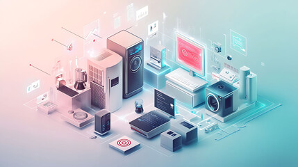 An isometric illustration of smart home devices connected by a network of data.
