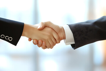 A man and a woman shake hands in a business deal.