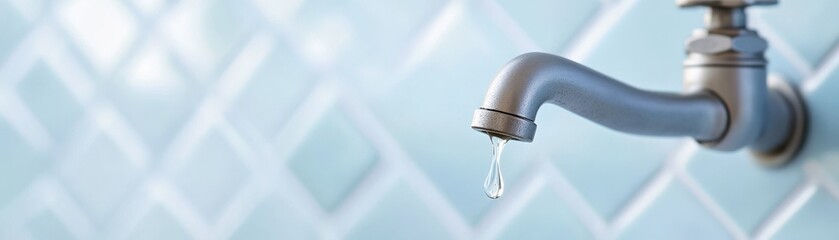 Obraz premium A close-up of a modern faucet with a droplet of water, against a serene blue tiled background, perfect for home or kitchen themes.