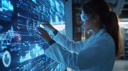 Female scientist interacting with futuristic digital display in high-tech laboratory, analyzing complex data for research