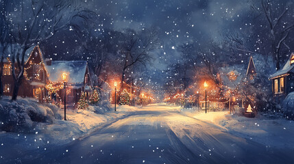 Fototapeta premium A peaceful, snowy street lined with festive Christmas lights, softly glowing in the cool watercolor tones of evening, Generative AI