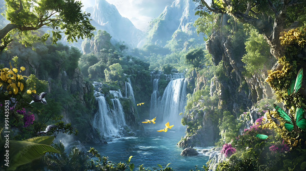 Wall mural A cascading waterfall plunges down a rocky cliff into a pristine blue pool surrounded by lush green foliage and vibrant flowers.