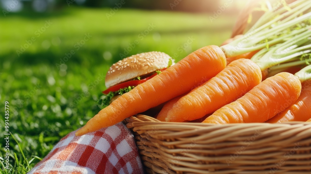 Canvas Prints A basket of carrots and a hamburger sitting on top of grass, AI