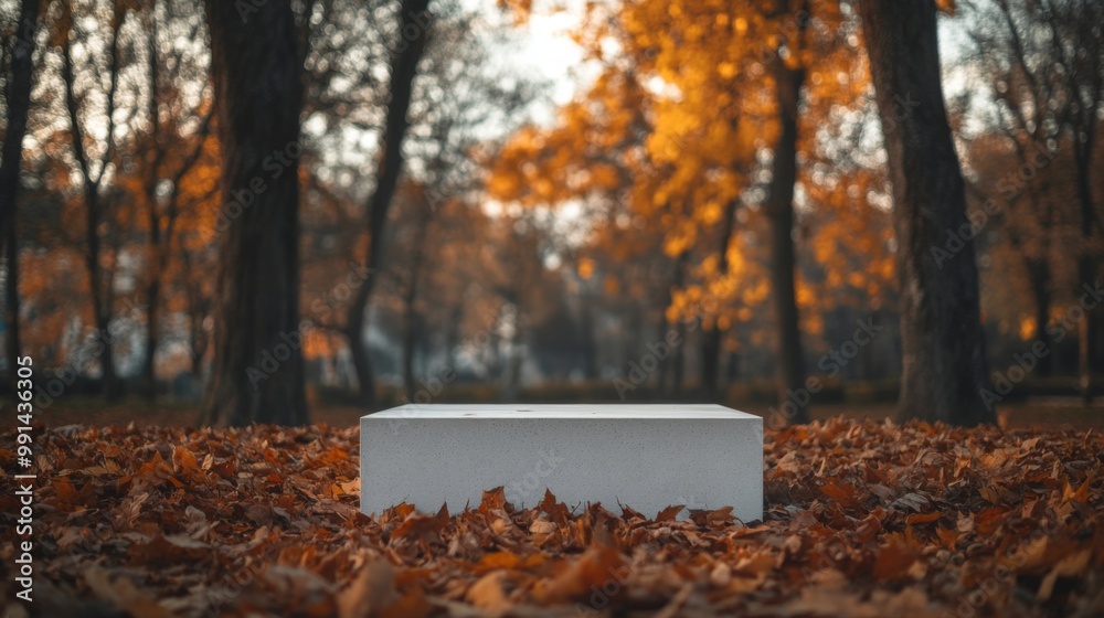 Poster a white, rectangular platform sits on a forest floor covered in brown and orange leaves. tall trees 