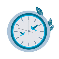 Wall decorative clock in flat design. Round clock with birds and leaves. Vector illustration isolated.