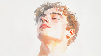 Young man with eyes closed in soft sunlight, serene expression, watercolor portrait