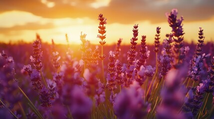 Naklejka premium Lavender Field at Sunset