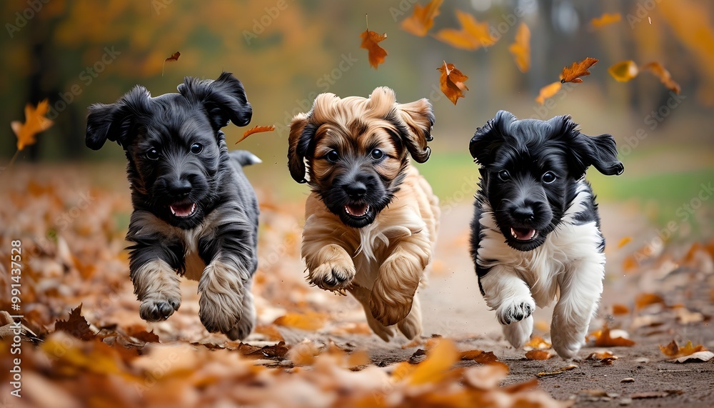 Wall mural Playful puppies frolicking amidst vibrant autumn leaves