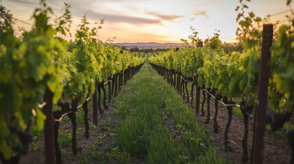 Fototapeta premium Vineyard Rows at Golden Hour
