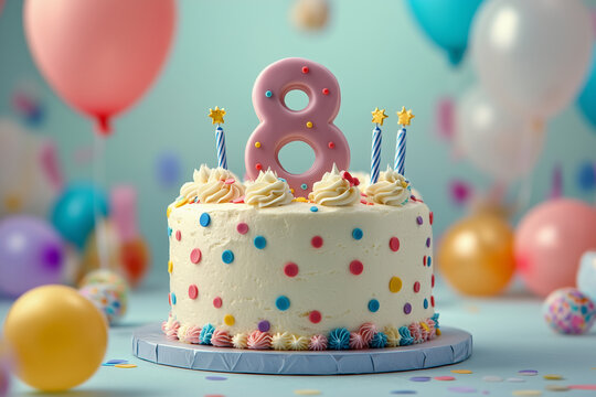 birthday cake with number 8, eight on it with celebration elements around like balloons and confetti