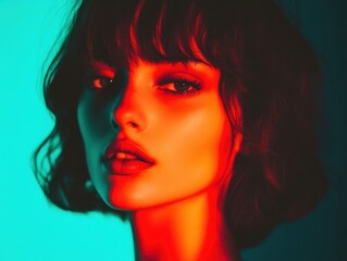 Naklejka premium Vibrant portrait of a woman with a modern hairstyle, showcasing striking colors and captivating expression against a colorful background.