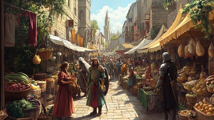 Obraz premium A bustling medieval market scene filled with vibrant stalls, merchants, and patrons in a quaint alleyway under a clear sky.