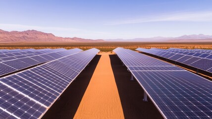 Vast solar panel array in a desert landscape, showcasing renewable energy production and sustainability in a clear blue sky.
