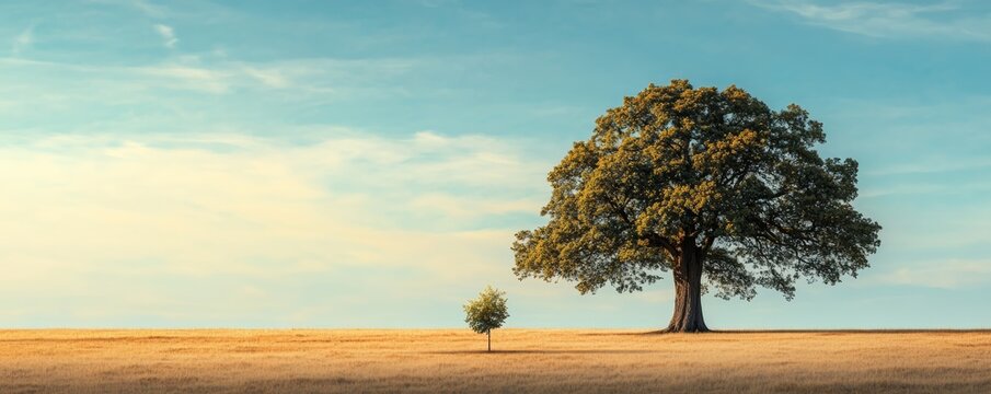 A mighty oak tree towering over a small, withering sapling in an empty field, golden hour, high contrast, digital painting, serene atmosphere, copy space
