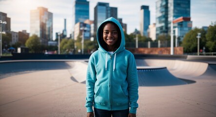Obraz premium Cheerful young Black girl wearing a hoodie in a city skate park