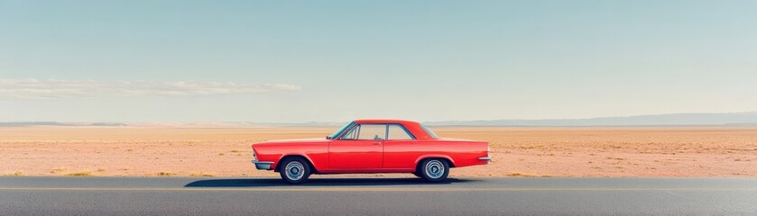 Obraz premium A vibrant red car driving along a deserted road, surrounded by vast desert scenery under a clear blue sky.