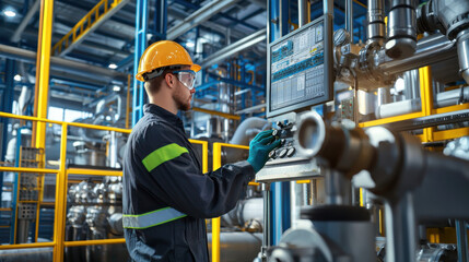 A worker in safety gear monitors industrial machinery in a large factory filled with pipes and equipment.