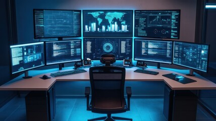 Naklejka premium Futuristic digital workspace featuring multiple monitors displaying data and analytics in a sleek, high-tech environment.