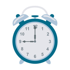 Retro alarm clock in flat design. Round shape clock with morning bell. Vector illustration isolated.