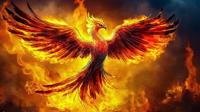 Fiery phoenix rising from flames, symbolizing rebirth, transformation, and mythical power in a vibrant and dynamic fantasy scene.

