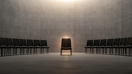 A solitary chair illuminated in a minimalist room, surrounded by empty chairs in a circular arrangement, creating a reflective atmosphere.