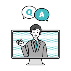 Illustration of a business man giving directions on a computer, online.
