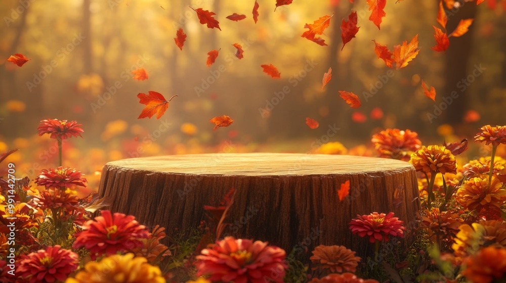Poster A tree stump sits in the middle of a field of colorful flowers with falling leaves.