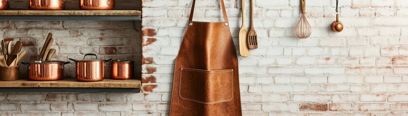 Naklejka premium A cozy kitchen scene featuring a leather apron, copper cookware, and rustic decor, ideal for culinary inspiration.