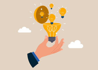 Open lightbulb to find new lightbulbs. Vision to discover new solution or idea, searching for success concept. Flat vector illustration.