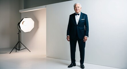 Fototapeta premium Elderly Caucasian man in a smart suit posing elegantly against a bright white background