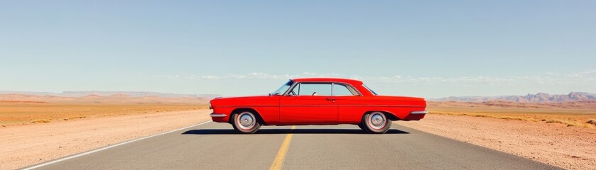A vibrant red vintage car parked on a deserted road, surrounded by stunning natural landscapes under a clear blue sky.