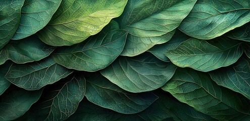 Close-up of lush green leaves, showcasing intricate vein patterns and a natural texture.