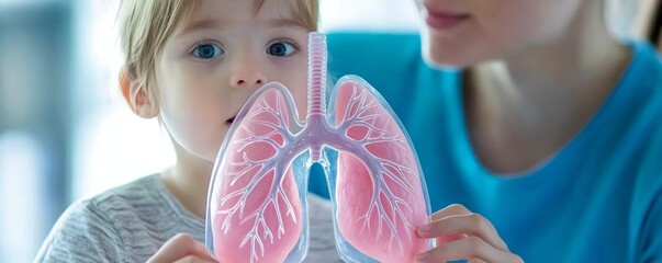 A child and parent examining a model of lungs, symbolizing the importance of family education on maintaining healthy lungs and preventing illness.