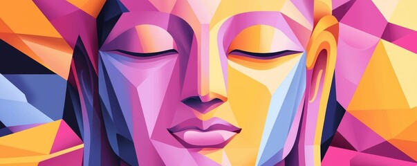 A colorful geometric Buddha, with intricate patterns and hues representing the intersection of sacred art and modern design.