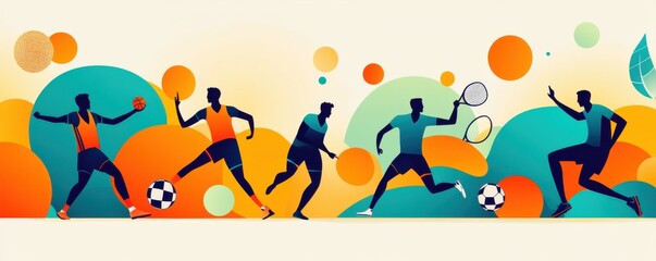 Dynamic silhouette athletes engaging in sports activities, showcasing energy and movement against colorful abstract backgrounds.