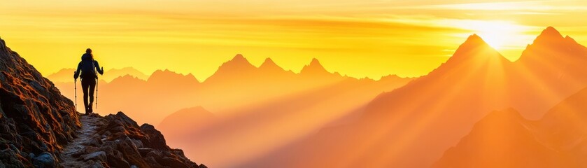 Obraz premium A solitary hiker stands on a mountain peak as the sun rises, casting golden light over the majestic landscape.